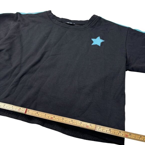 Black Knit Riot Cropped Sweatshirt With Blue Star & Rainbow Sleeve Stripes Women - Picture 10 of 11